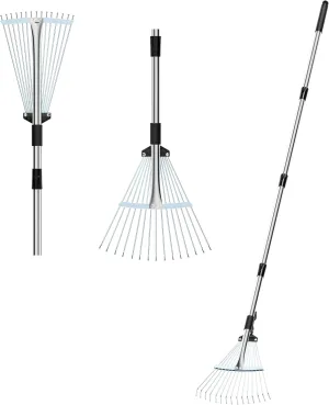 Stainless Steel Garden Leaf Rake, Strong Metal Rake for Leaves, Adjustable Length 37"-68", Adjustable Expandable Head 7"-15", for Lawn Garden Yard Flowers Beds Bush