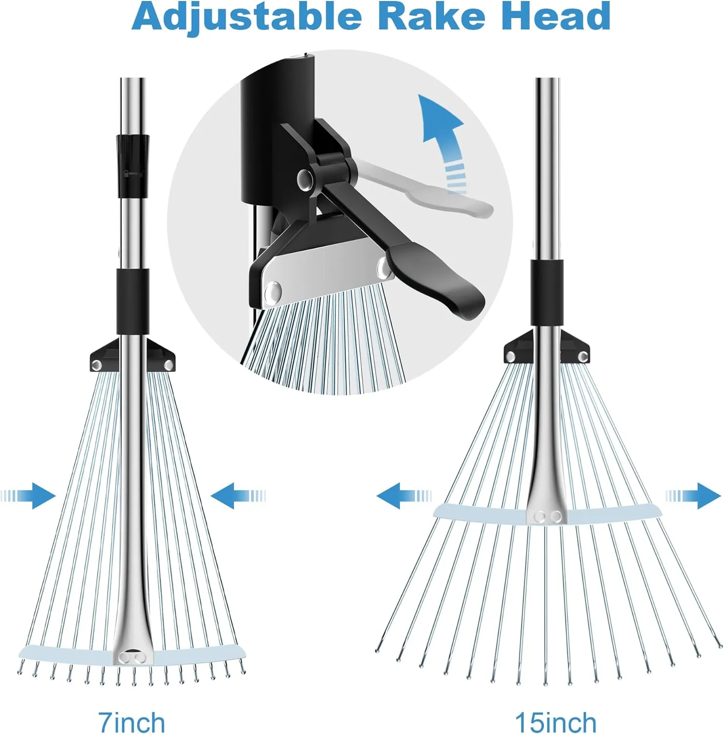 Stainless Steel Garden Leaf Rake, Strong Metal Rake for Leaves, Adjustable Length 37"-68", Adjustable Expandable Head 7"-15", for Lawn Garden Yard Flowers Beds Bush
