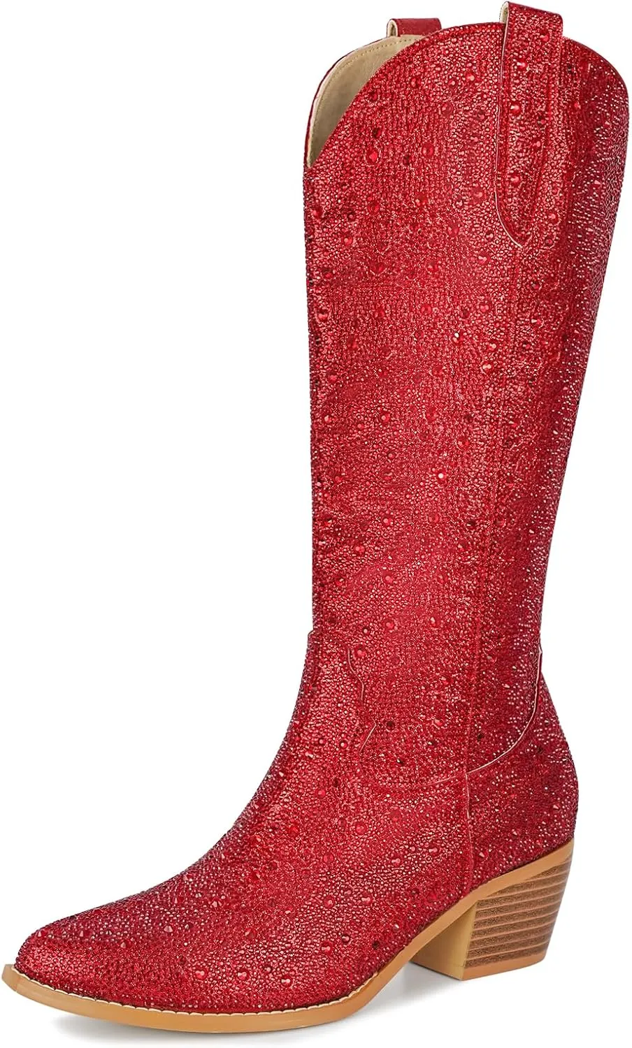 STALOV Cowboy Boots for Women,Western Pointed Toe Chunky Heel Pull-On Knee High Cowgirl Boots Fashion Embroidered Tall