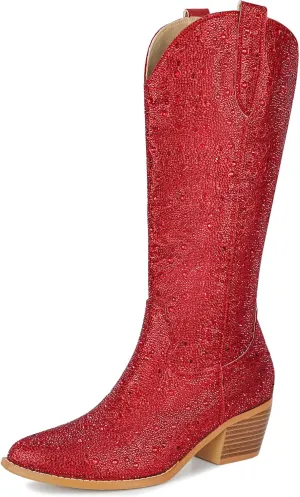 STALOV Cowboy Boots for Women,Western Pointed Toe Chunky Heel Pull-On Knee High Cowgirl Boots Fashion Embroidered Tall