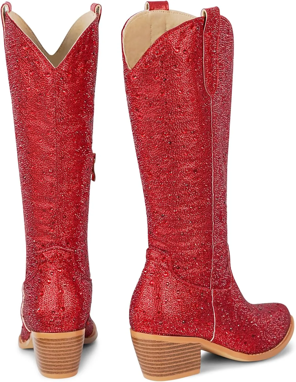 STALOV Cowboy Boots for Women,Western Pointed Toe Chunky Heel Pull-On Knee High Cowgirl Boots Fashion Embroidered Tall