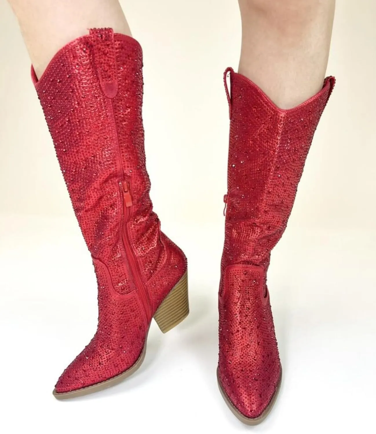 STALOV Cowboy Boots for Women,Western Pointed Toe Chunky Heel Pull-On Knee High Cowgirl Boots Fashion Embroidered Tall