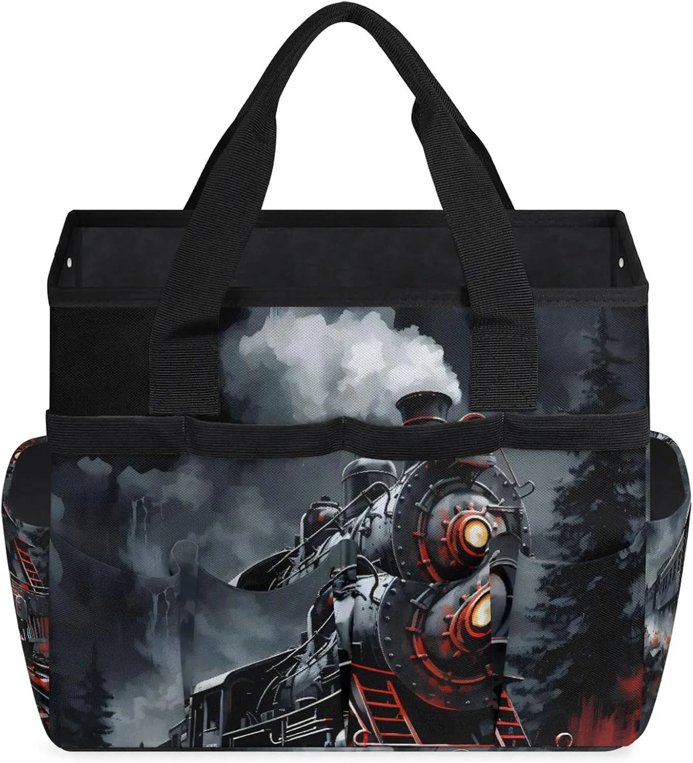 Steam Engine Old Train Garden Tool Bag, Heavy Duty Garden Tote Bag Organizer with 10 Pockets Gardening Gift for Women and Men