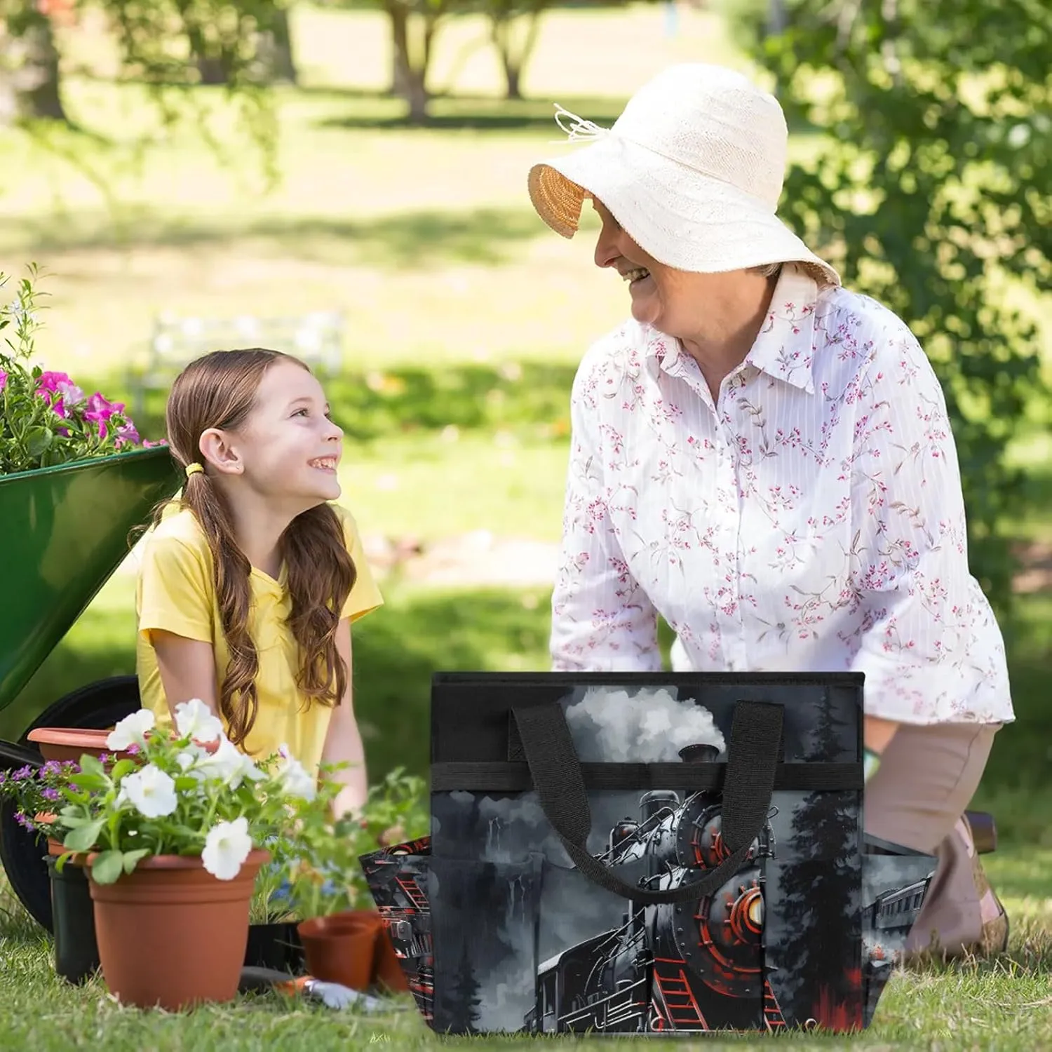 Steam Engine Old Train Garden Tool Bag, Heavy Duty Garden Tote Bag Organizer with 10 Pockets Gardening Gift for Women and Men