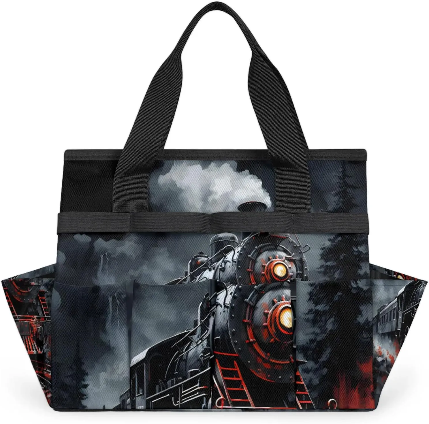 Steam Engine Old Train Garden Tool Bag, Heavy Duty Garden Tote Bag Organizer with 10 Pockets Gardening Gift for Women and Men