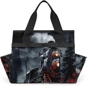 Steam Engine Old Train Garden Tool Bag, Heavy Duty Garden Tote Bag Organizer with 10 Pockets Gardening Gift for Women and Men
