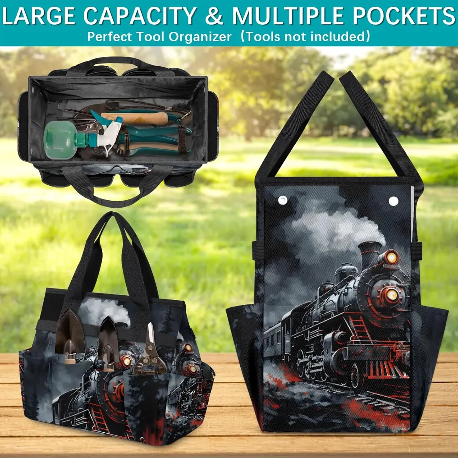 Steam Engine Old Train Garden Tool Bag, Heavy Duty Garden Tote Bag Organizer with 10 Pockets Gardening Gift for Women and Men