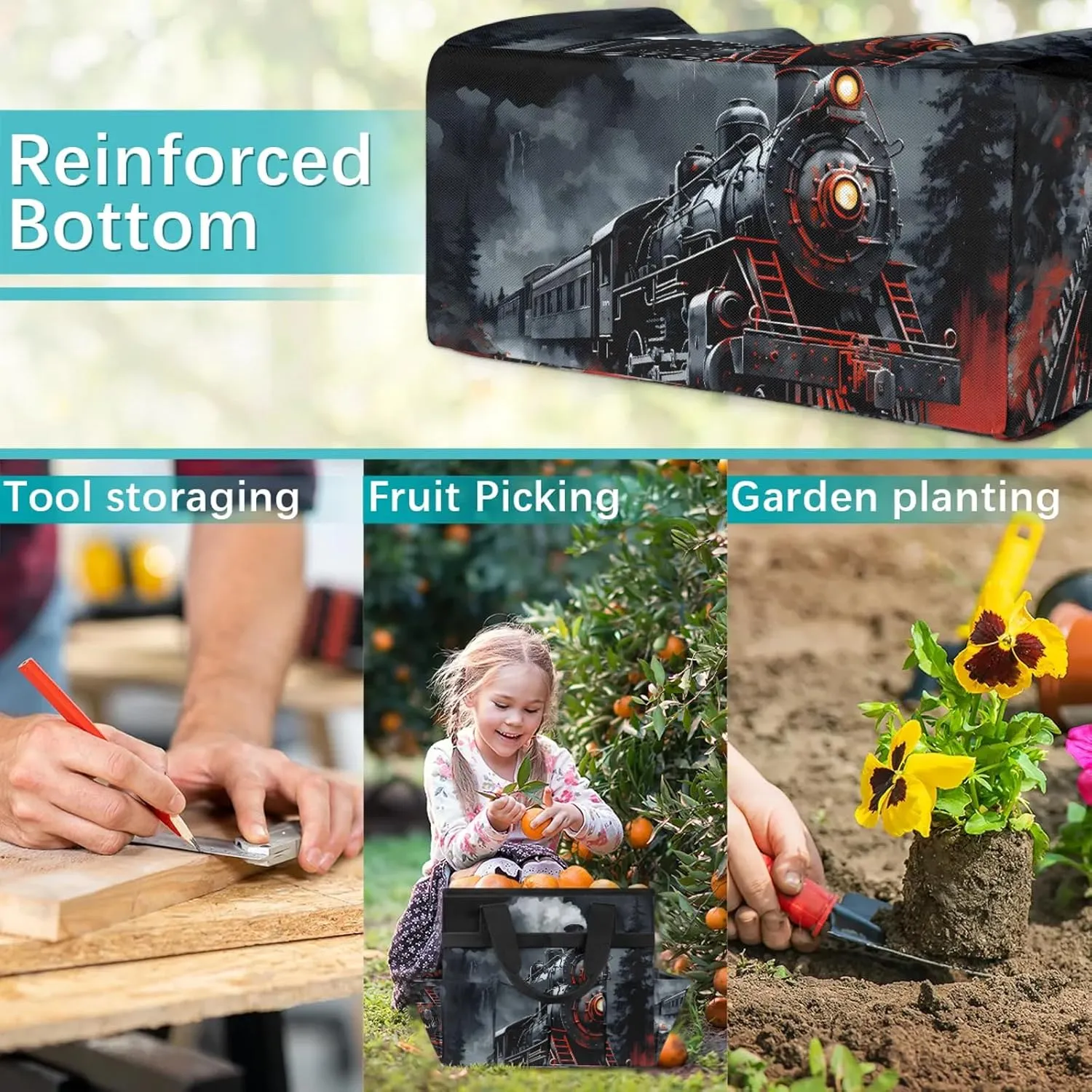 Steam Engine Old Train Garden Tool Bag, Heavy Duty Garden Tote Bag Organizer with 10 Pockets Gardening Gift for Women and Men