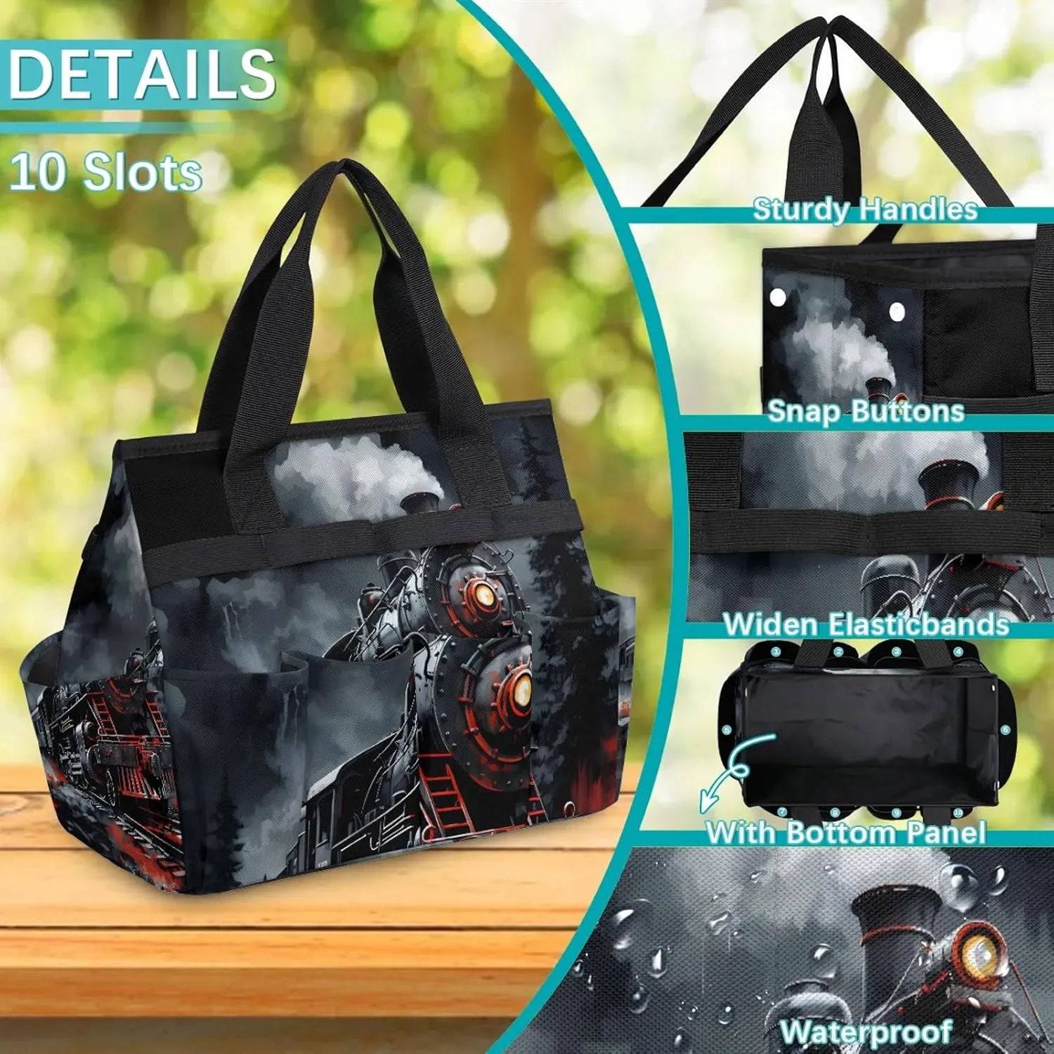 Steam Engine Old Train Garden Tool Bag, Heavy Duty Garden Tote Bag Organizer with 10 Pockets Gardening Gift for Women and Men