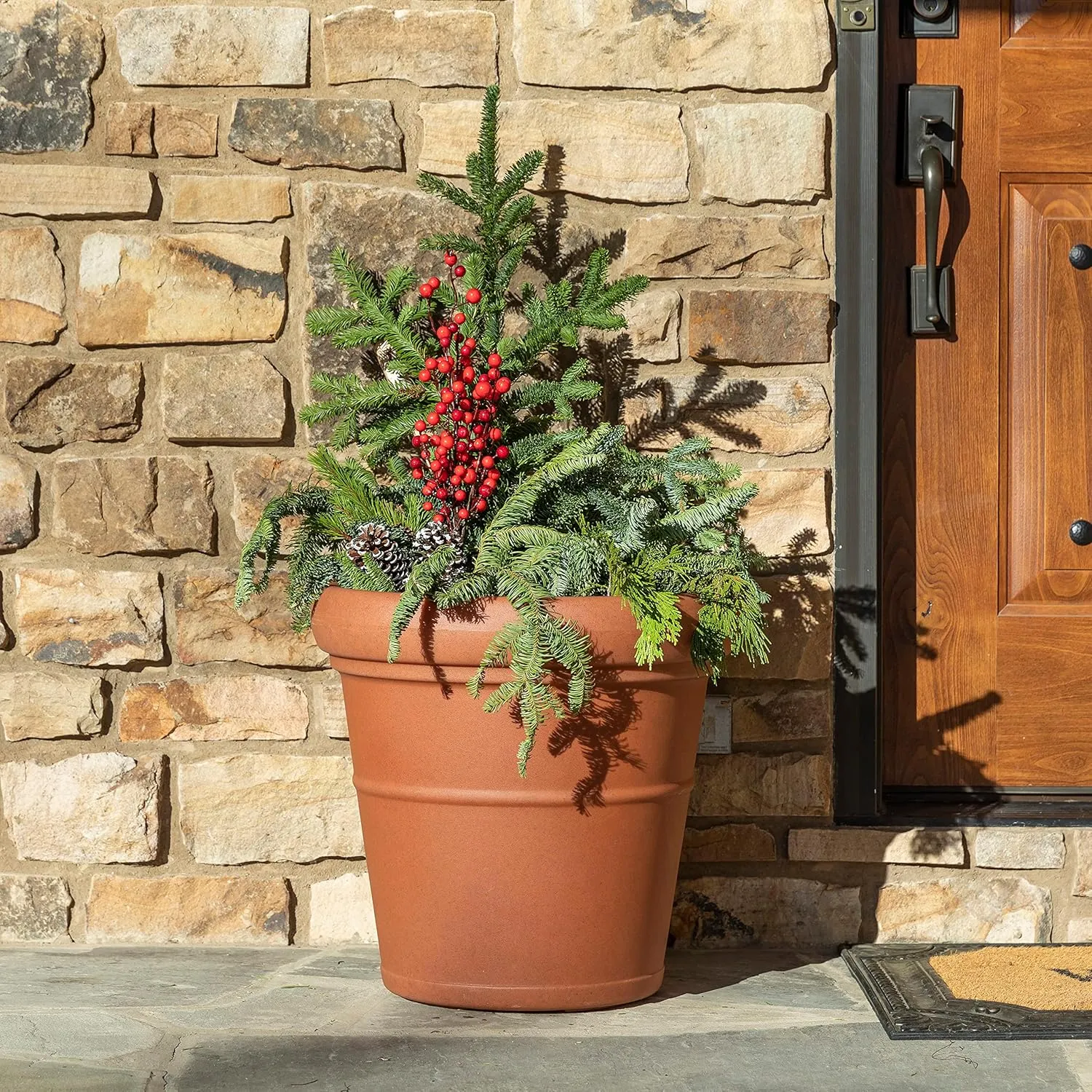 Step2 Claremont Tall Round Planter, Large Planters for Outdoor Plants, Gardening and Flower Pot for Patio or Porch, Efficient Drainage, Durable Plastic, Terracotta, 2-Pack