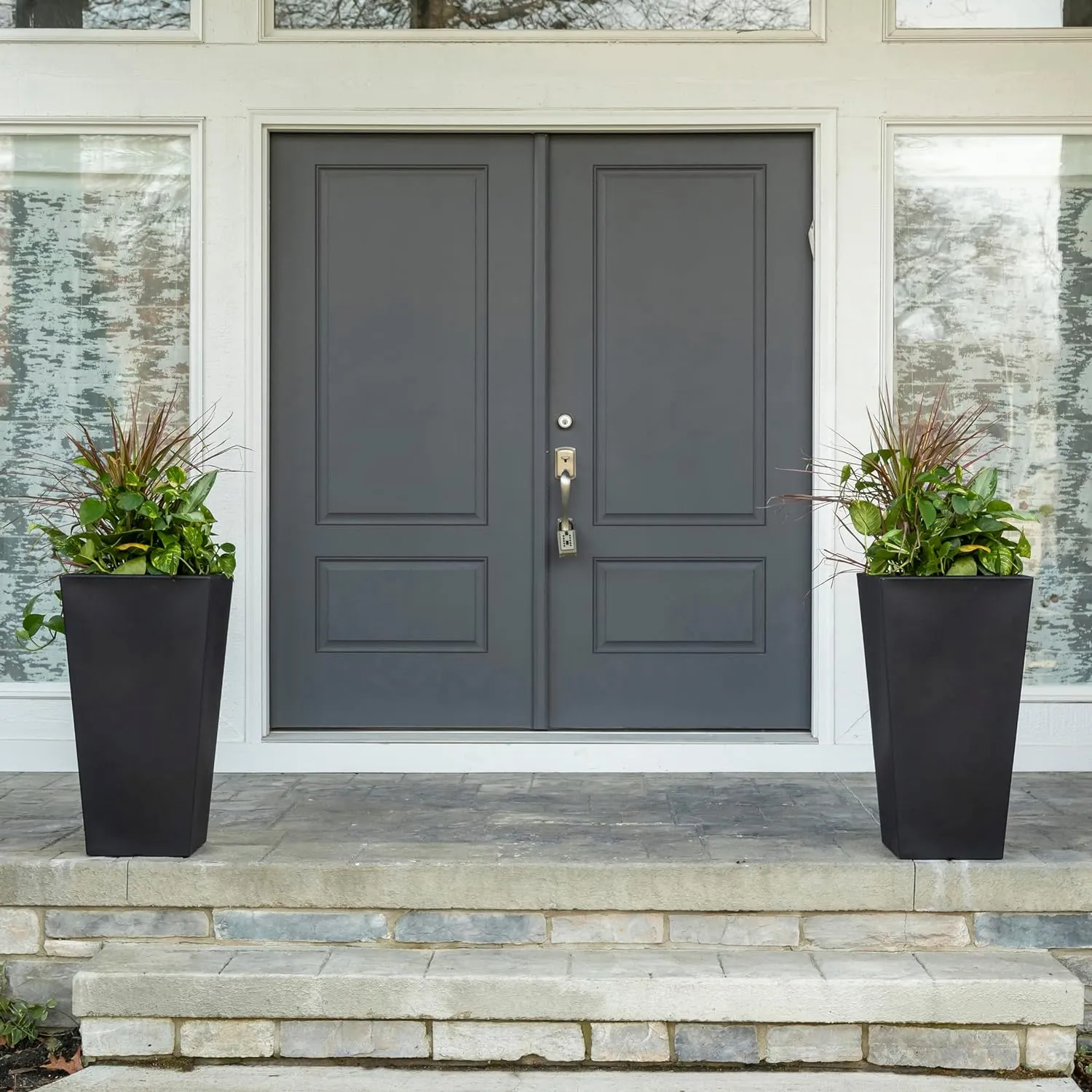 Step2 Tremont Tall Square Tapered Planter, Large Planters for Outdoor Plants, Gardening and Flower Pot for Patio or Porch, Efficient Drainage, Durable Plastic, Onyx Black, 2-Pack
