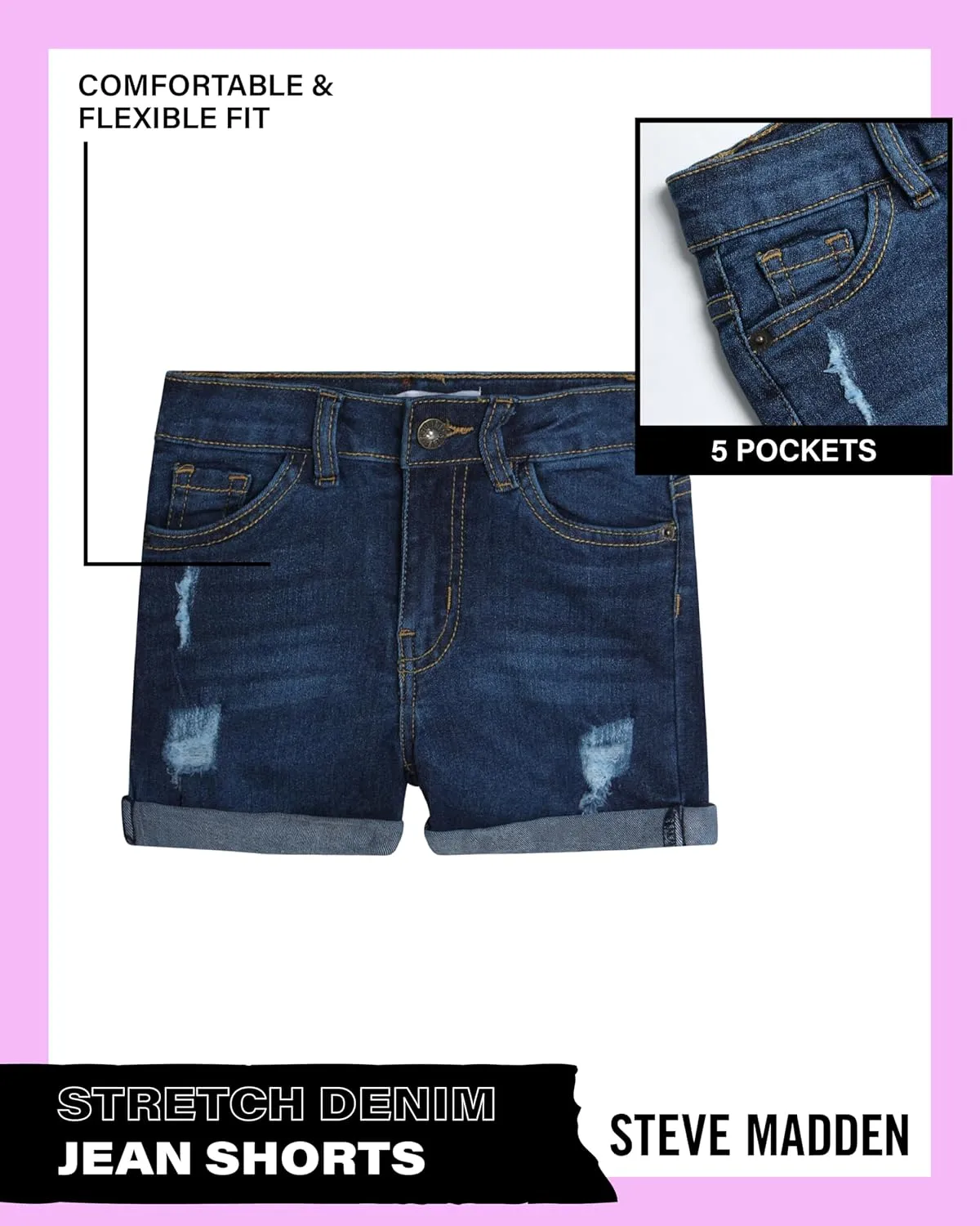 Steve Madden Girls' Shorts - Stretch Denim Jean Shorts - 5 Pocket Jean Shorts for Girls (4-16)