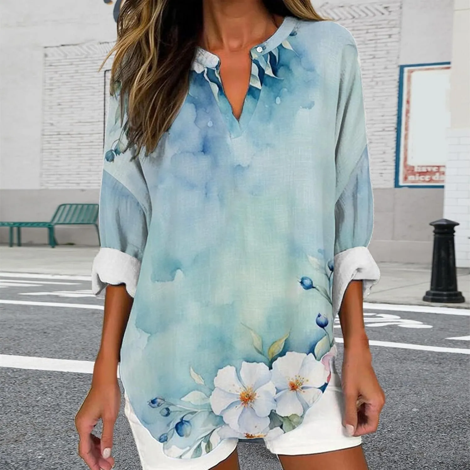 Striped Print Tees Summer Blouses Sleeve Cotton Faux Oversized T Shirt Cute Solid Three Quarter Length Tunic Tops