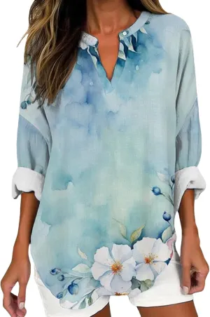 Striped Print Tees Summer Blouses Sleeve Cotton Faux Oversized T Shirt Cute Solid Three Quarter Length Tunic Tops