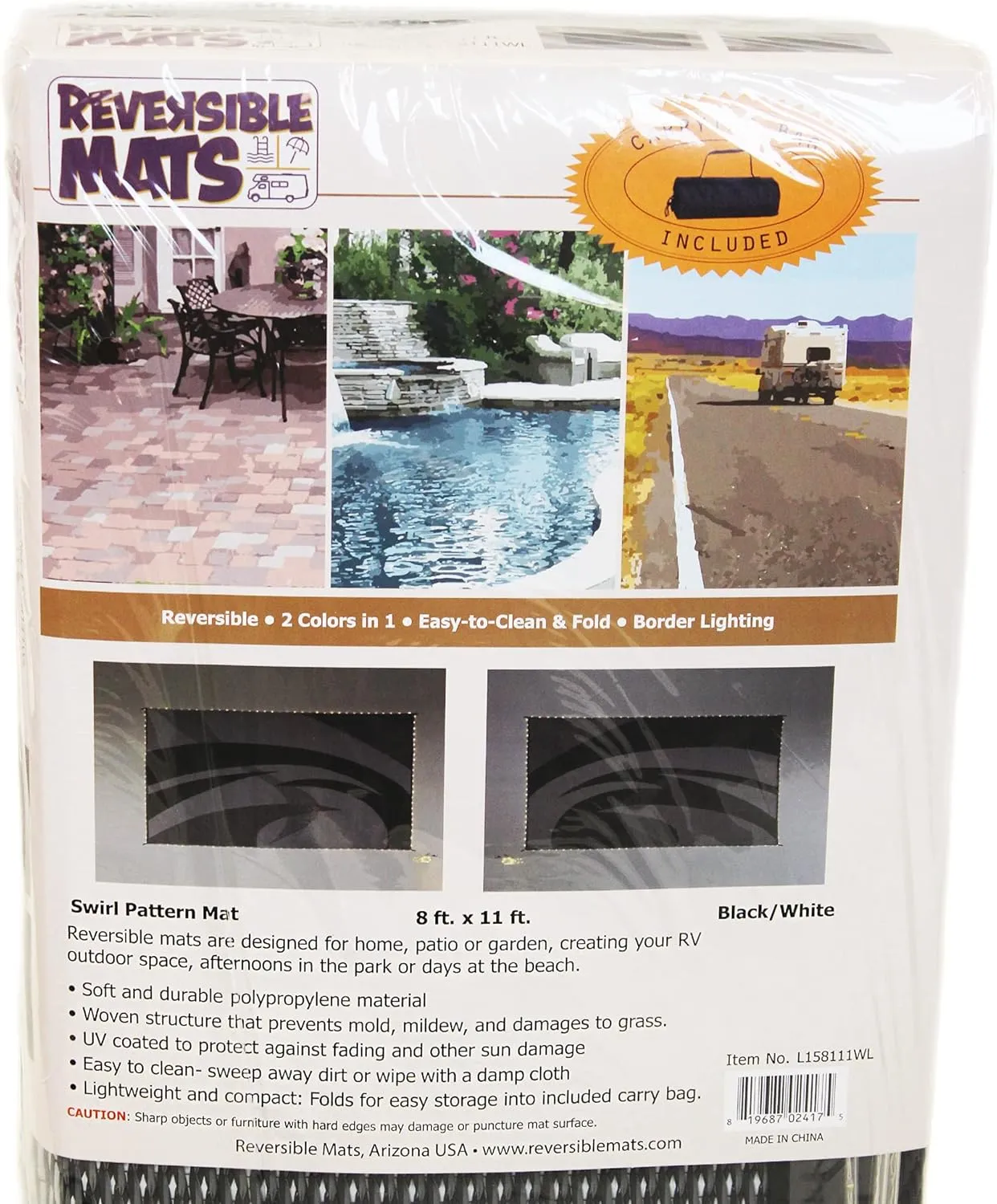 Stylish Camping L158111WL 8-feet by 11-feet LED Illuminated Patio Mat - Outdoor Patio Black/White RV Camping Mat