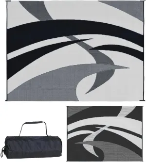 Stylish Camping Outdoor Patio / RV Camping Mat - Swirl (Black/White, 9-Feet x 12-Feet)