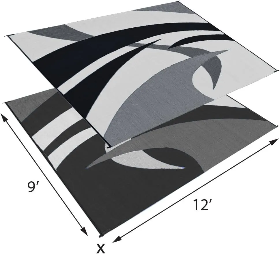 Stylish Camping Outdoor Patio / RV Camping Mat - Swirl (Black/White, 9-Feet x 12-Feet)
