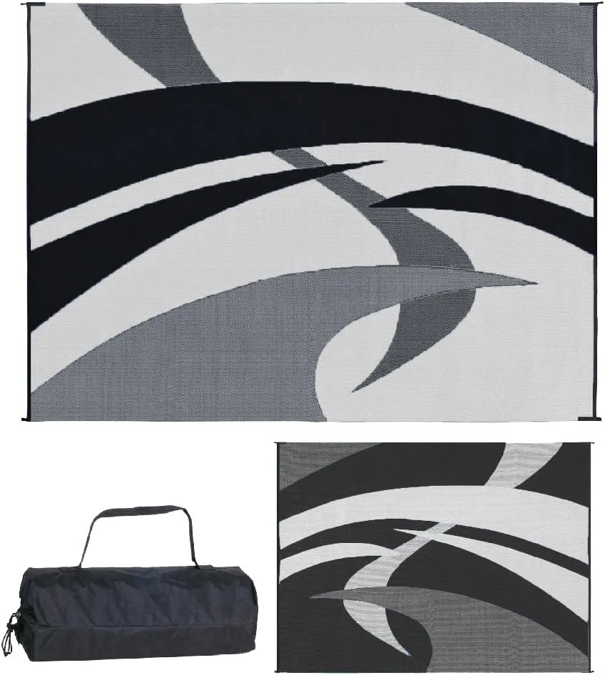 Stylish Camping Outdoor Patio / RV Camping Mat - Swirl (Black/White, 9-Feet x 12-Feet)