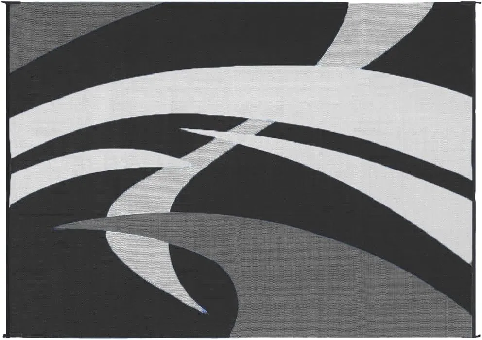 Stylish Camping Outdoor Patio / RV Camping Mat - Swirl (Black/White, 9-Feet x 12-Feet)