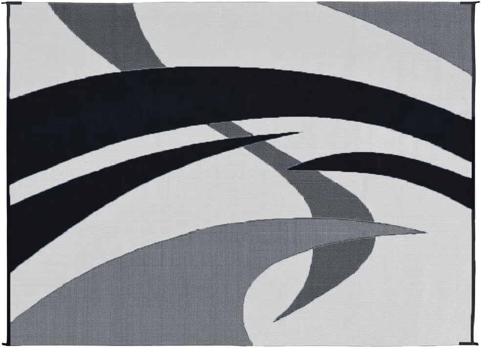Stylish Camping Outdoor Patio / RV Camping Mat - Swirl (Black/White, 9-Feet x 12-Feet)