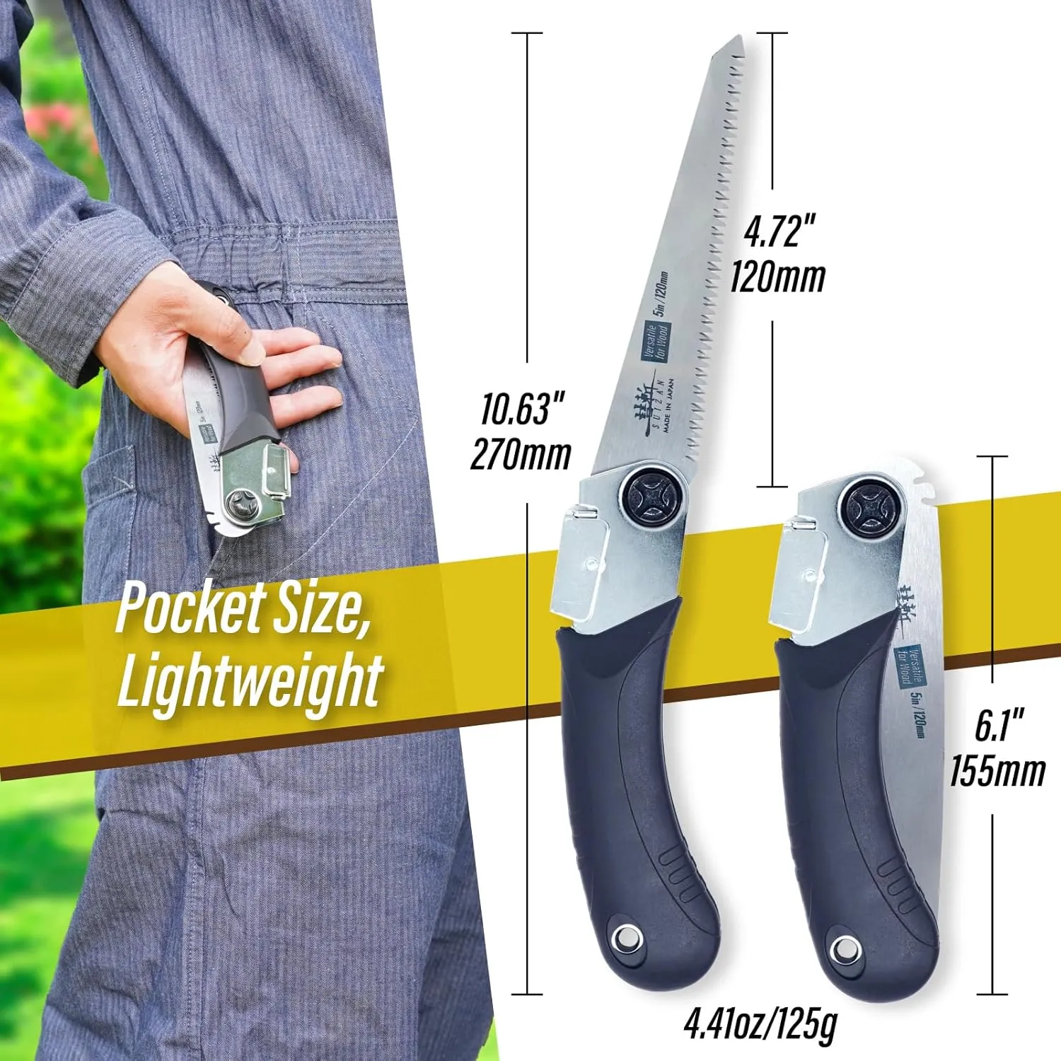 SUIZAN Japanese Folding Saw 4.7" Versatile for Wood - Pocket Handsaw Pruningsaw Garden Woodworking DIY Tools