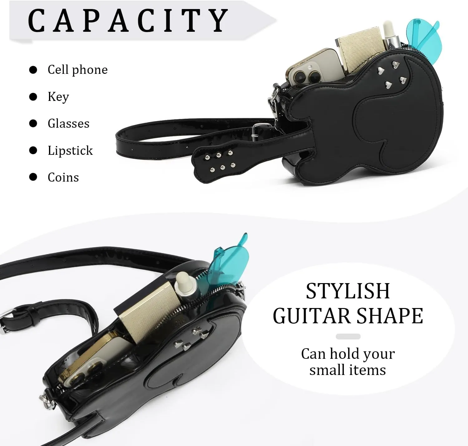SUKUTU Women Guitar Shaped Shoulder Bag Creative Music Sparkly Leather Novelty Crossbody Bags Handbag