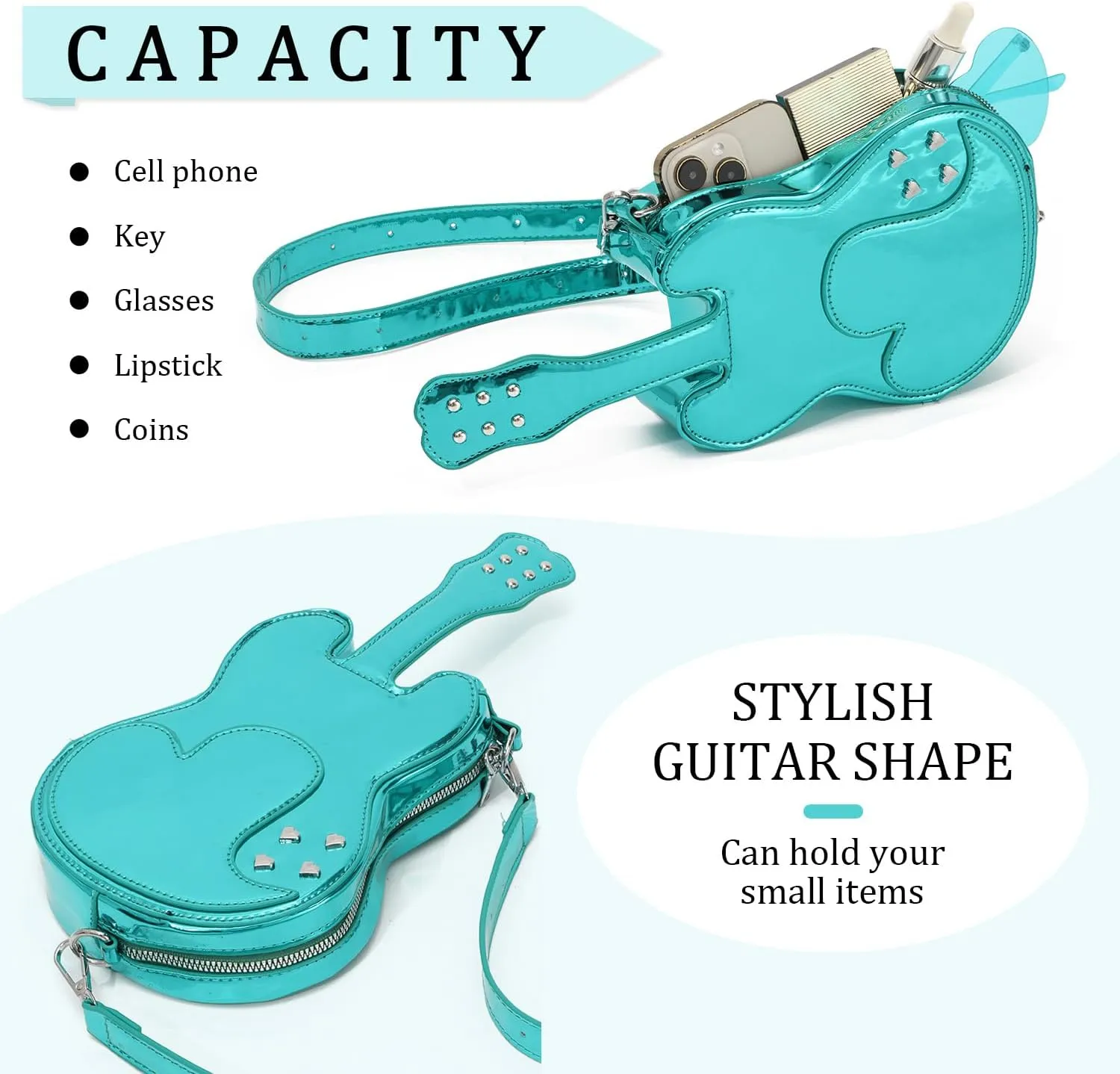 SUKUTU Women Guitar Shaped Shoulder Bag Creative Music Sparkly Leather Novelty Crossbody Bags Handbag