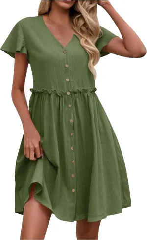 Summer Dresses for Women 2025 Casual V-Neck Ruffled Sleeve Sundress Spring Fashion Ruched Empire Waist Mini Dress