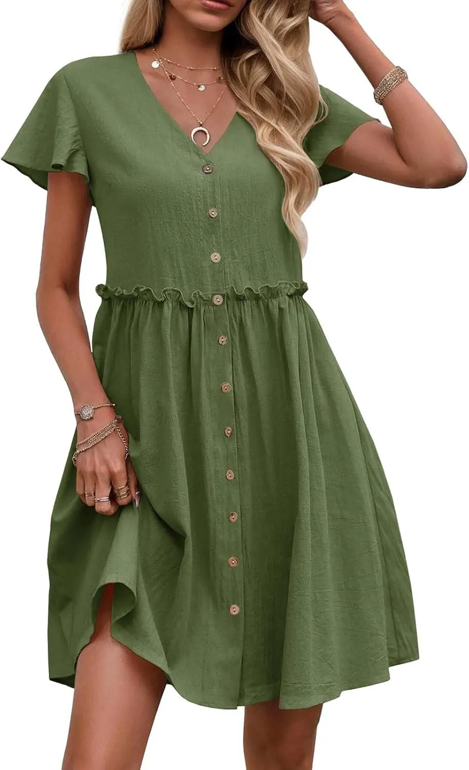 Summer Dresses for Women 2025 Casual V-Neck Ruffled Sleeve Sundress Spring Fashion Ruched Empire Waist Mini Dress