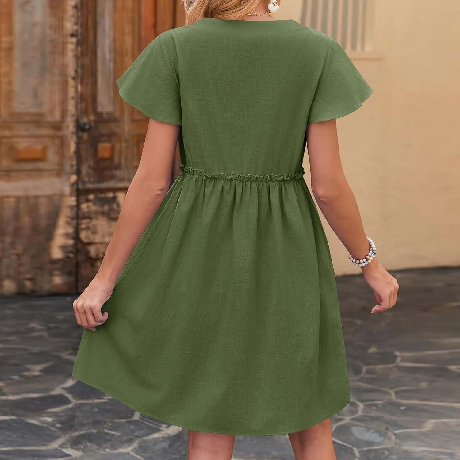 Summer Dresses for Women 2025 Casual V-Neck Ruffled Sleeve Sundress Spring Fashion Ruched Empire Waist Mini Dress