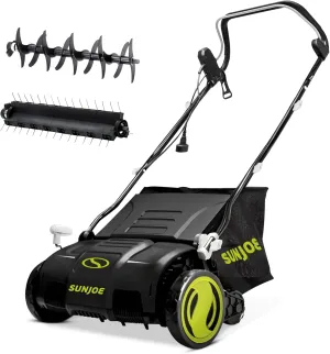 Sun Joe Electric Lawn Dethatcher & Scarifier w/ 13.2-Gal Bag, 13 Amp, 15 Inch, Black/Green - Heavy Duty Gardening Machine and Equipment for Lawn, Yard, and Grass