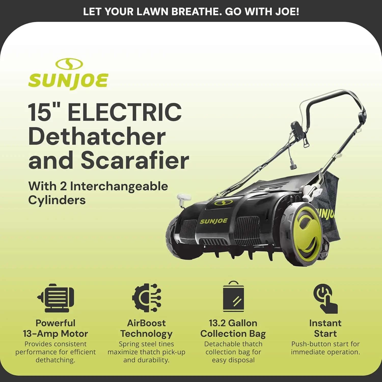 Sun Joe Electric Lawn Dethatcher & Scarifier w/ 13.2-Gal Bag, 13 Amp, 15 Inch, Black/Green - Heavy Duty Gardening Machine and Equipment for Lawn, Yard, and Grass