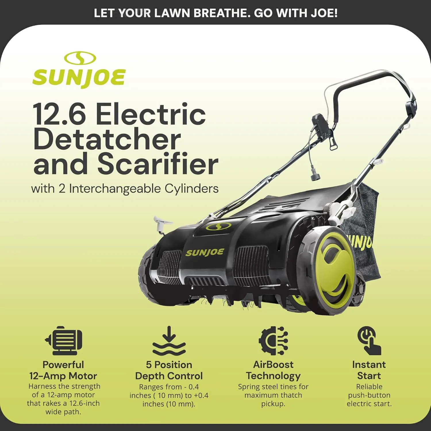 Sun Joe Electric Lawn Dethatcher & Scarifier with 8-Gal Bag, 12 Amp, 13 Inch, Black - Heavy Duty Gardening Machine and Equipment for Lawn, Yard, and Grass