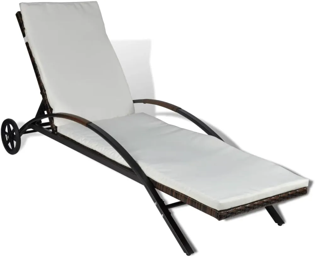 Sun Lounger with Cushion & Wheels Poly Rattan Browntanning Chair Camping Chairs Recliner Patio Suitable for Garden Courtyard