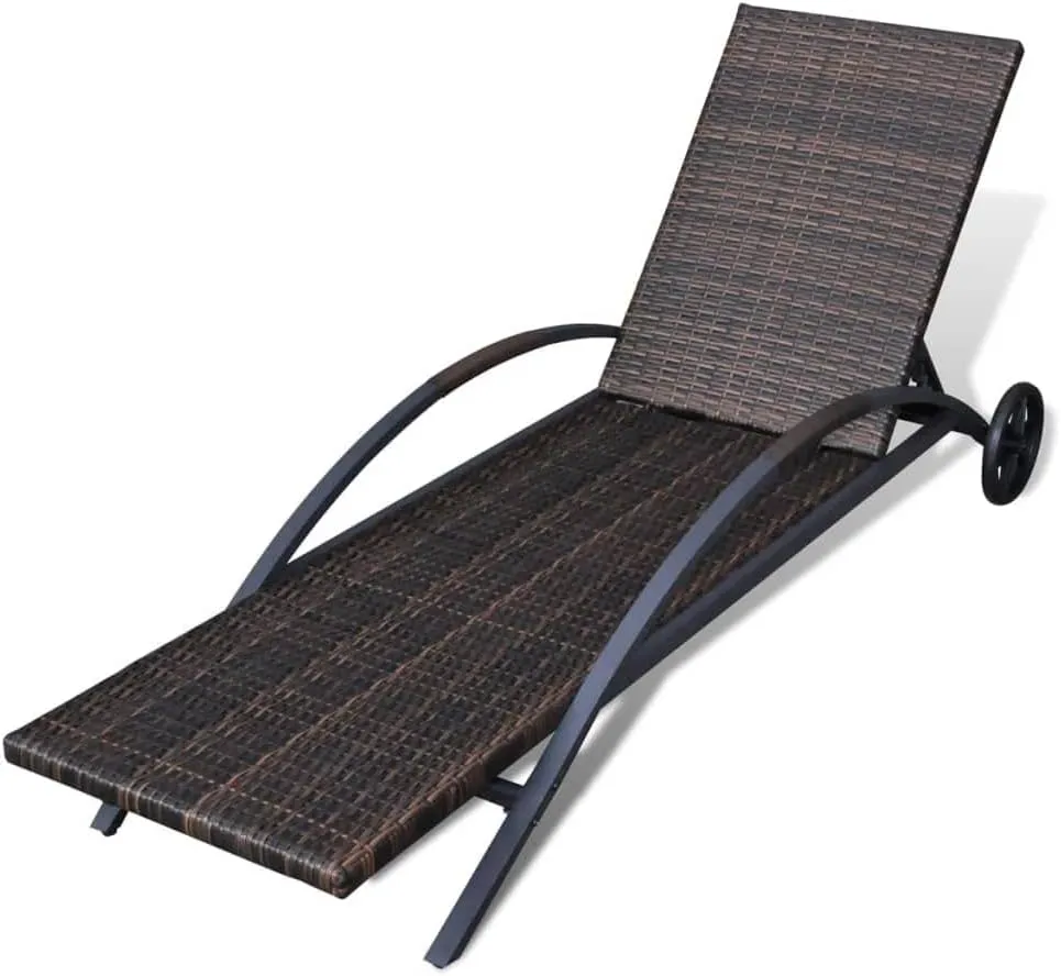 Sun Lounger with Cushion & Wheels Poly Rattan Browntanning Chair Camping Chairs Recliner Patio Suitable for Garden Courtyard