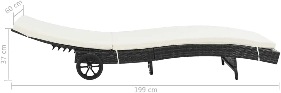 Sun Lounger with Wheels and Cushion Poly Rattan Blackpatio Camping Chairs Recliner Tanning chairSuitable for Garden Courtyard