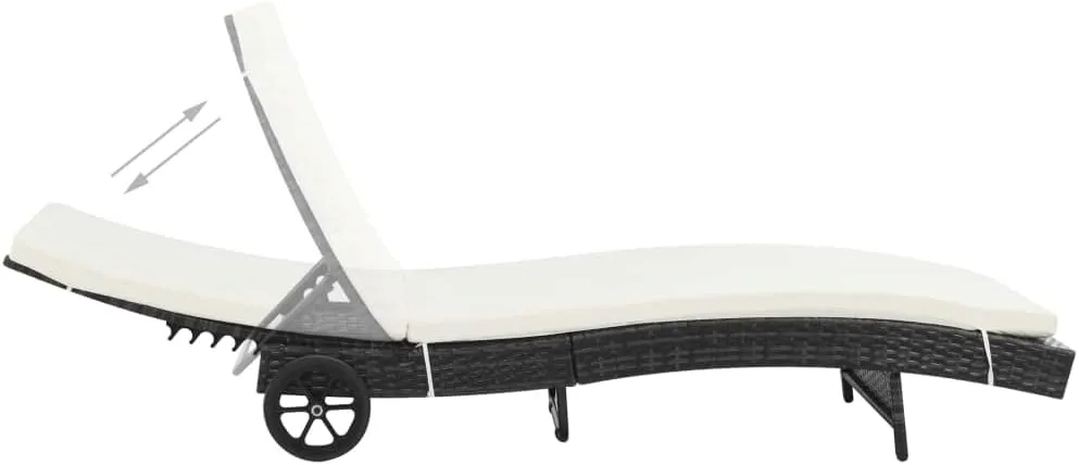 Sun Lounger with Wheels and Cushion Poly Rattan Blackpatio Camping Chairs Recliner Tanning chairSuitable for Garden Courtyard