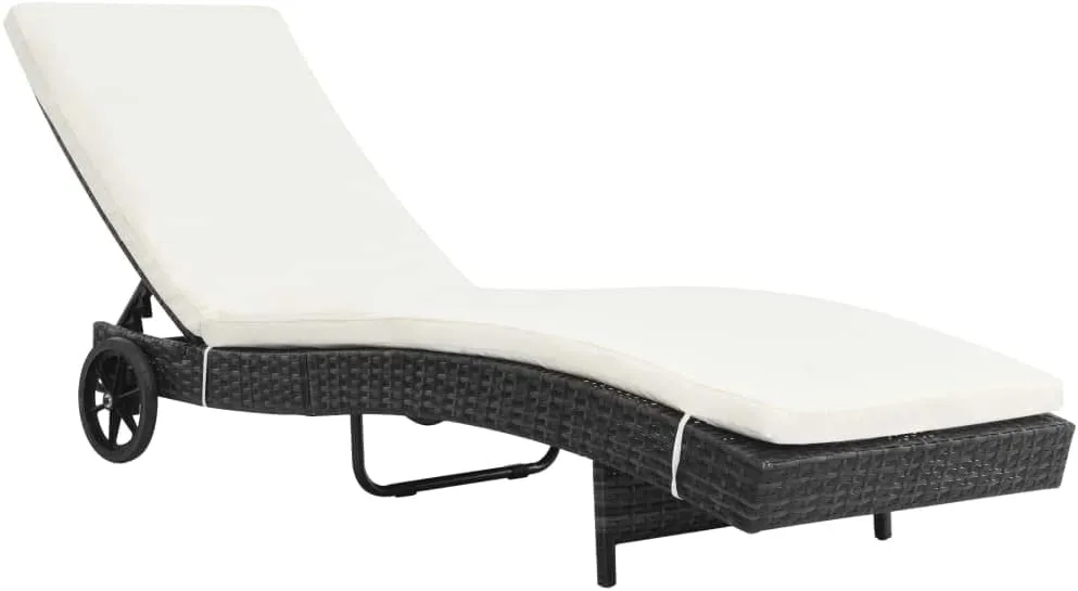 Sun Lounger with Wheels and Cushion Poly Rattan Blackpatio Camping Chairs Recliner Tanning chairSuitable for Garden Courtyard