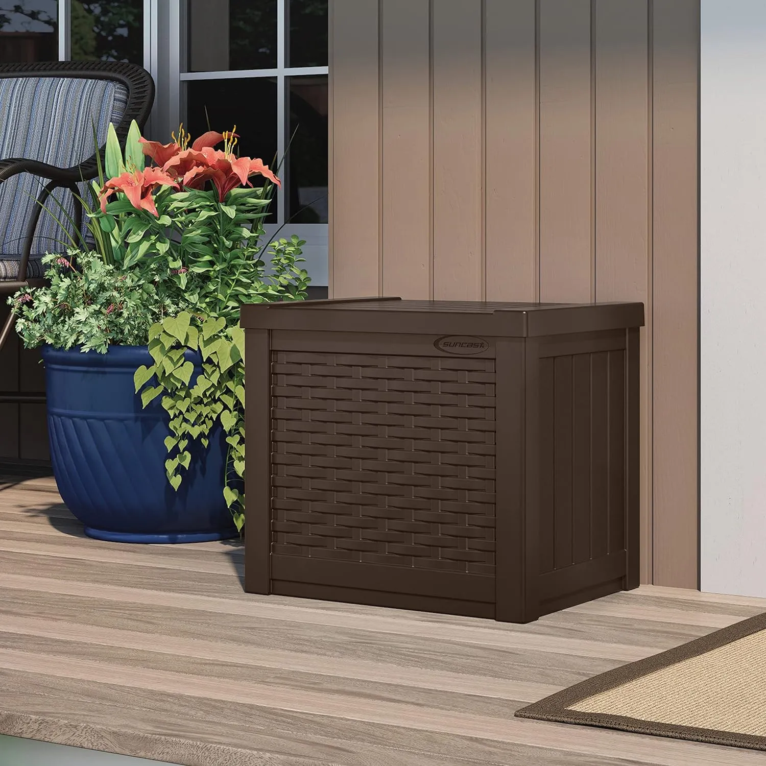 Suncast 2 Pack 22-Gallon Small Deck Box - Lightweight Resin Storage Container and Seat for Patio Cushions and Gardening Tools - Store Items on Patio, Garage, 22.5"L x 17"W x 22.5"H, Yard - Java Brown