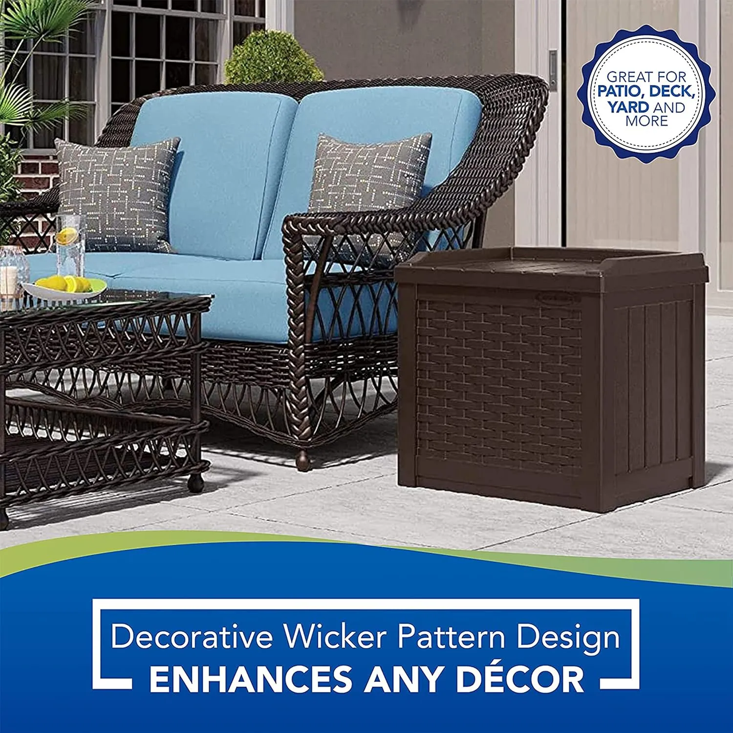 Suncast 2 Pack 22-Gallon Small Deck Box - Lightweight Resin Storage Container and Seat for Patio Cushions and Gardening Tools - Store Items on Patio, Garage, 22.5"L x 17"W x 22.5"H, Yard - Java Brown