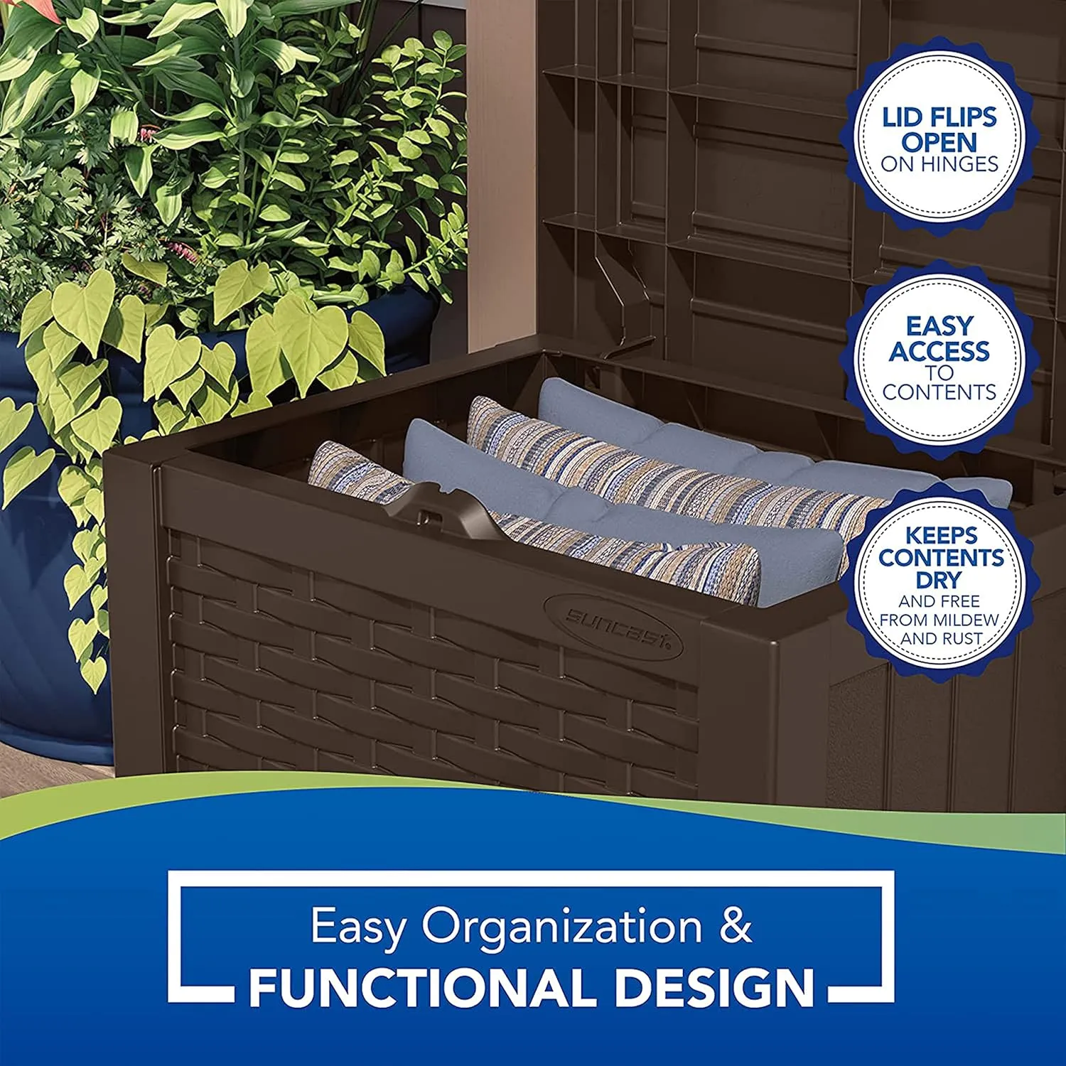 Suncast 2 Pack 22-Gallon Small Deck Box - Lightweight Resin Storage Container and Seat for Patio Cushions and Gardening Tools - Store Items on Patio, Garage, 22.5"L x 17"W x 22.5"H, Yard - Java Brown