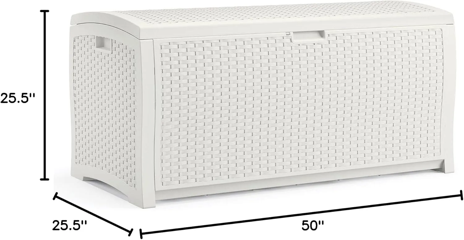 Suncast 99 Gallon Wicker Horizontal Outdoor Deck Box with Hinged Lid, Water-Resistant Storage Solution for Patio, Deck, Yard, and Garage, White, Made in the USA