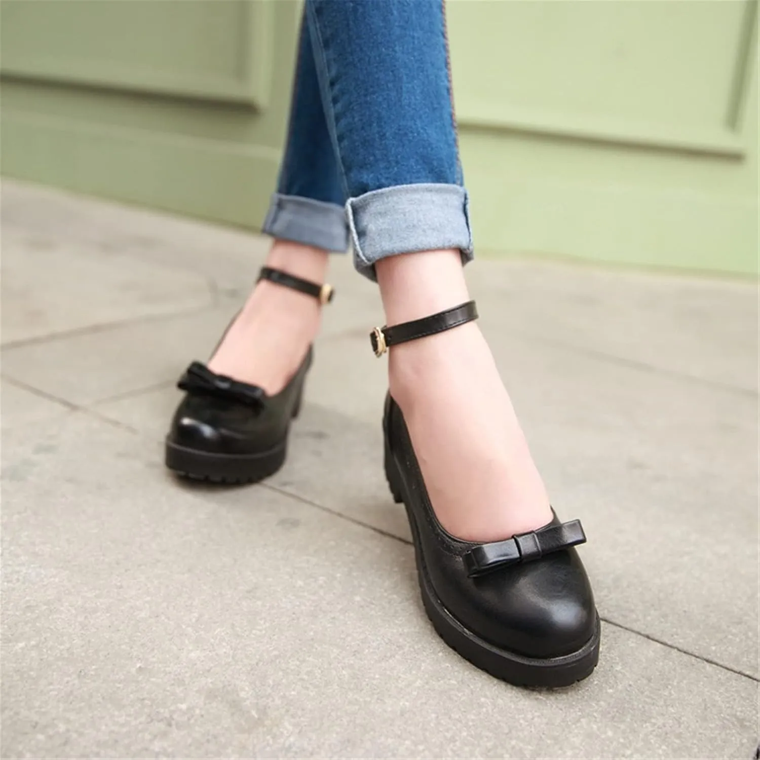 Sungtin Women Buckle Platform Shoes Chunky Mid Heel Mary Jane Shoes School Uniform Dress Shoes