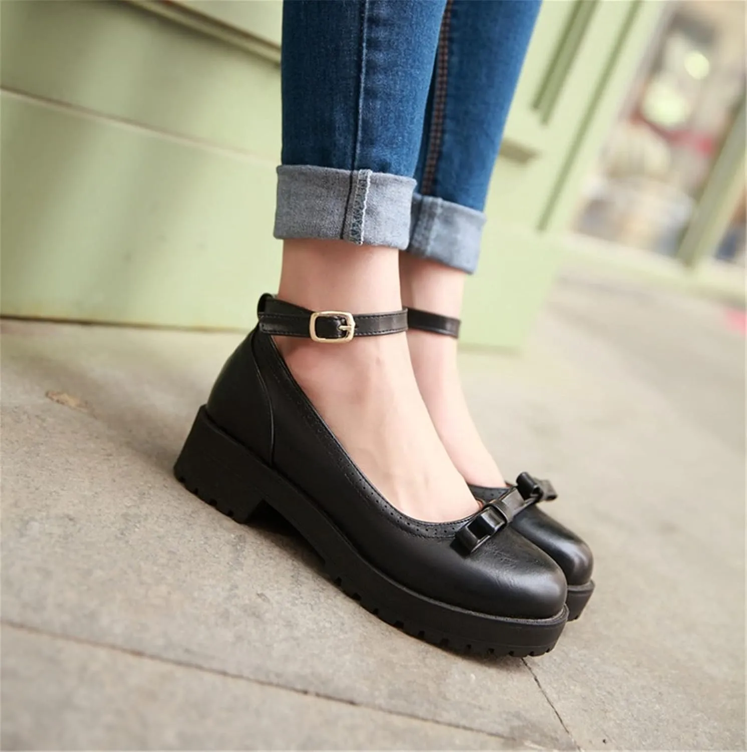 Sungtin Women Buckle Platform Shoes Chunky Mid Heel Mary Jane Shoes School Uniform Dress Shoes