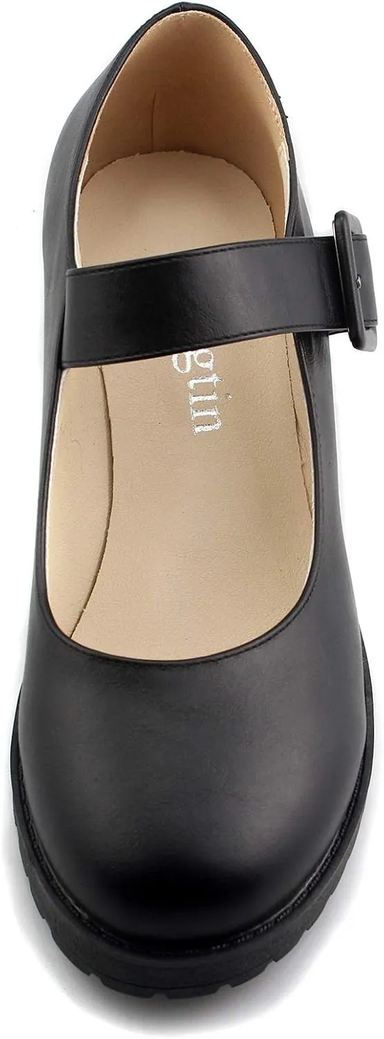 Sungtin Women Buckle Platform Shoes Chunky Mid Heel Mary Jane Shoes School Uniform Dress Shoes