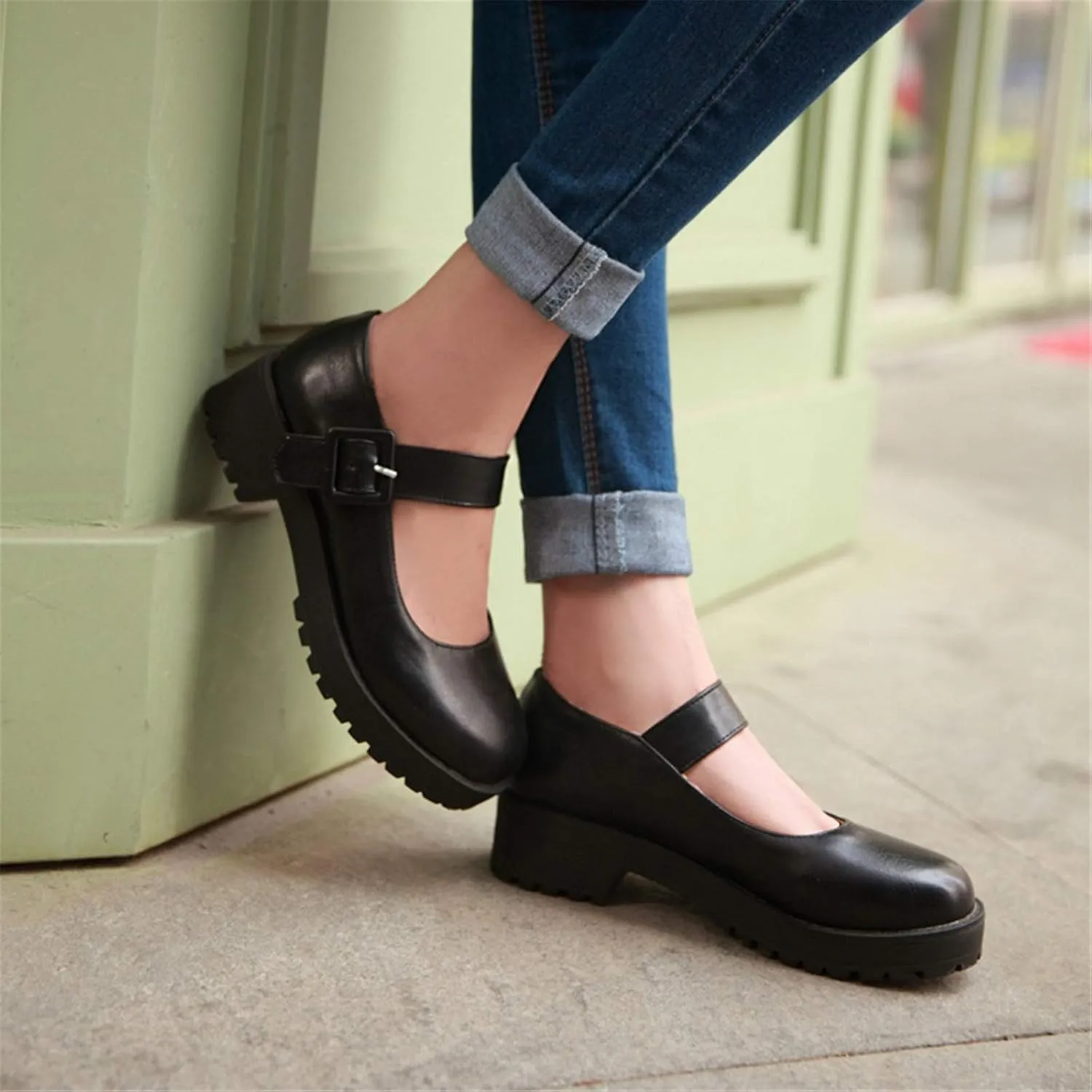 Sungtin Women Buckle Platform Shoes Chunky Mid Heel Mary Jane Shoes School Uniform Dress Shoes