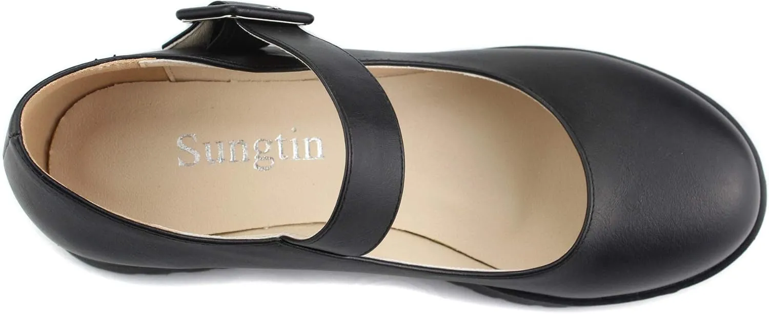Sungtin Women Buckle Platform Shoes Chunky Mid Heel Mary Jane Shoes School Uniform Dress Shoes