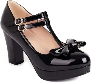Sungtin Women's Sweet Kawaii Bow Lolita High Heels,Vintage Ankle Buckle Chunky Heels Pumps Mary Jane Platform Shoes