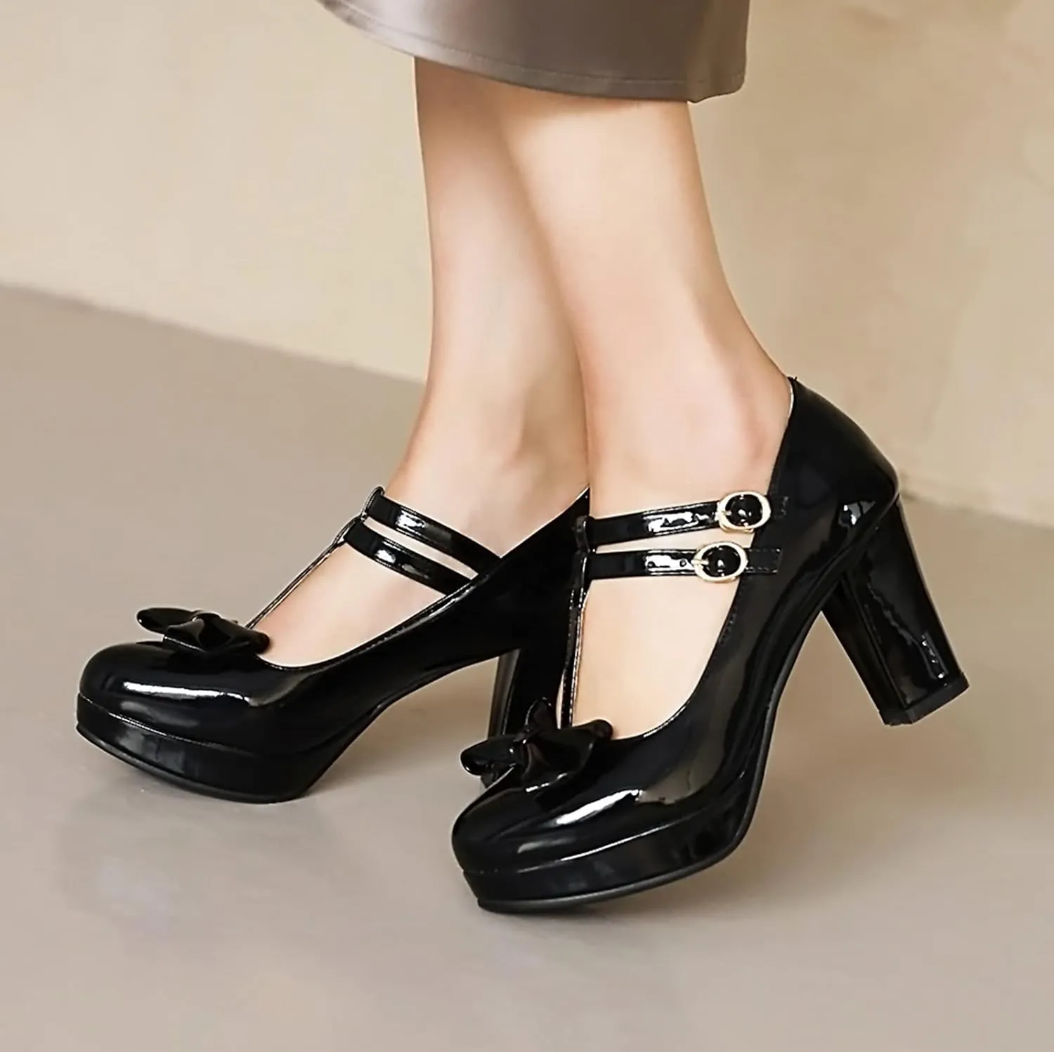 Sungtin Women's Sweet Kawaii Bow Lolita High Heels,Vintage Ankle Buckle Chunky Heels Pumps Mary Jane Platform Shoes