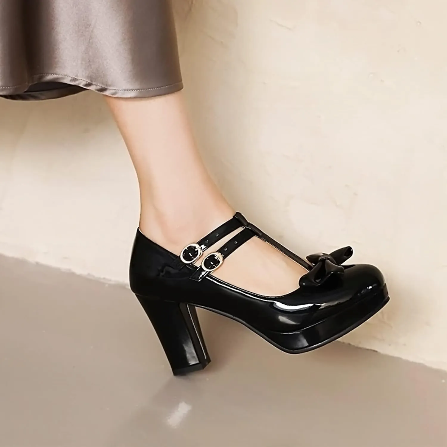 Sungtin Women's Sweet Kawaii Bow Lolita High Heels,Vintage Ankle Buckle Chunky Heels Pumps Mary Jane Platform Shoes
